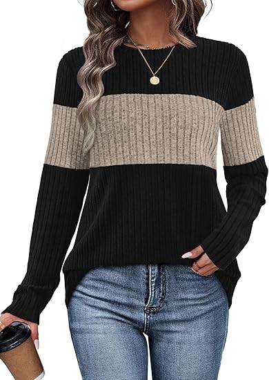 #SF041 Color Block 10 Gauge Ribbed Knit Polyester Blend Crew Neck Pullover for Women