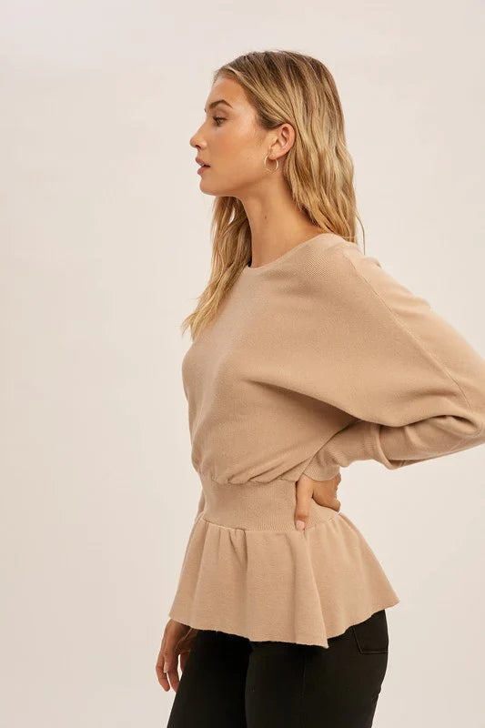 #SF014 Peplum 14 Gauge Wool Jersey Knit Crew Neck Pullover Top for Women