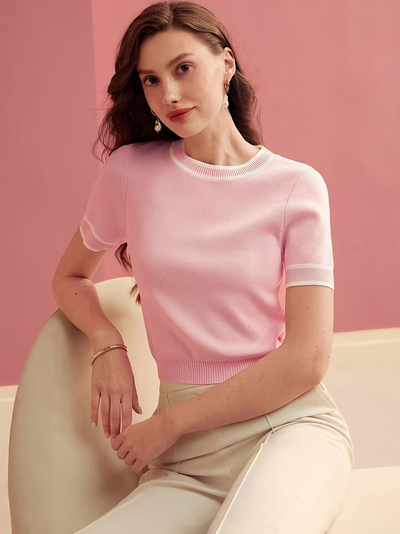 Pink Crewneck Half Shirt Pullover for Women