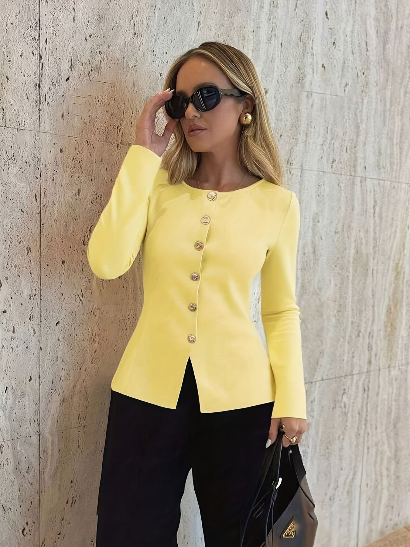 Women's Elegant Peplum Blazer Jacket with Gold Buttons, Long Sleeve & Round Neck