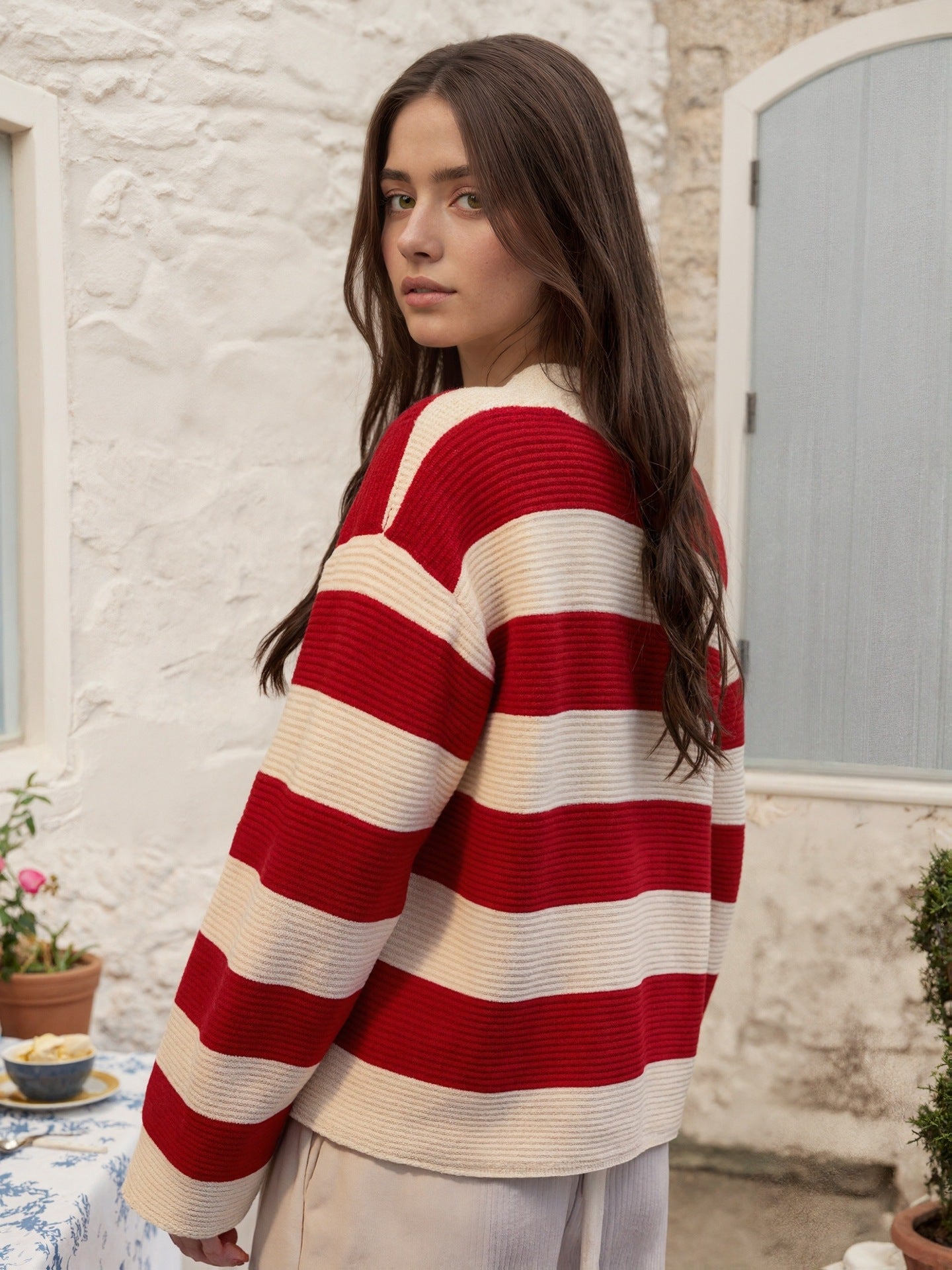 Women's Striped Knitted Cardigan Sweater Crewneck Long Sleeve Loose Buttons