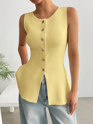 Women's Tops for Women Trendy Old Money Clothes Button Sweater Vests Ribbed Knit Top