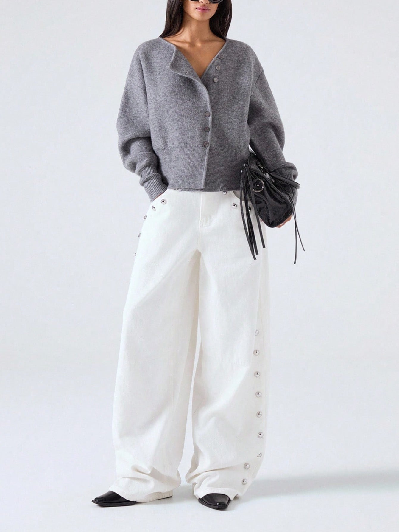 #SF009 Cropped 14 Gauge Jersey Knit Polyester Blend V-neck Cardigan for Women