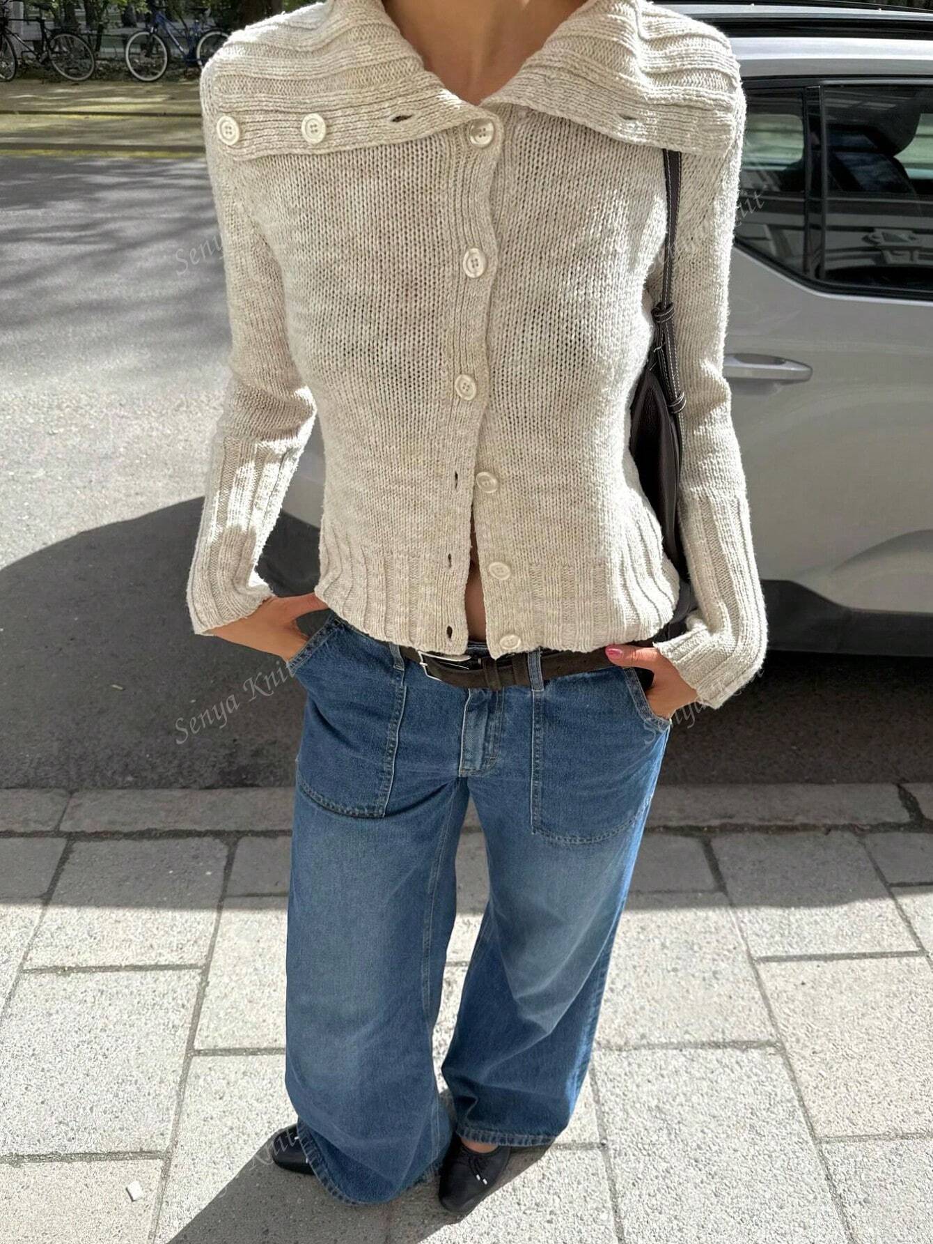 #SF010 Collared 10 Gauge Ribbed Knit Wool Lapel Neck Cardigan for Women