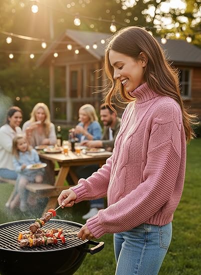 #SF042 Chunky 7 Gauge Cable Knit Acrylic Blend Turtleneck Pullover for Women