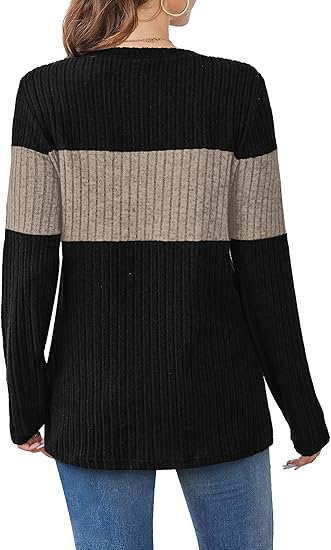 #SF041 Color Block 10 Gauge Ribbed Knit Polyester Blend Crew Neck Pullover for Women