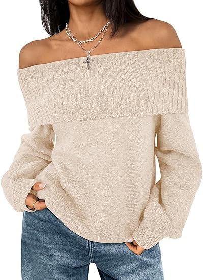 #SF038 Off-the-shoulder 7 Gauge Ribbed Knit Wool Blend Boat Neck Pullover for Women