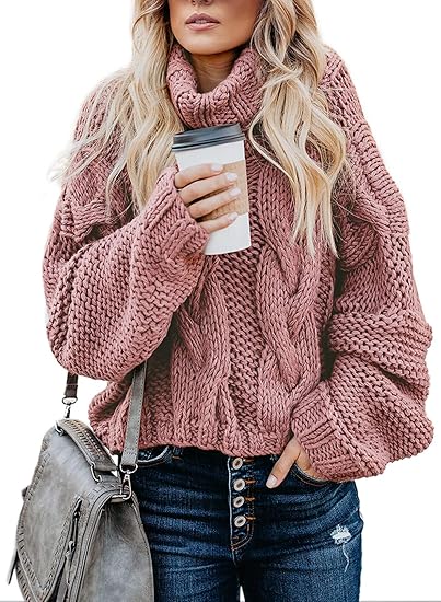 #SF042 Chunky 7 Gauge Cable Knit Acrylic Blend Turtleneck Pullover for Women