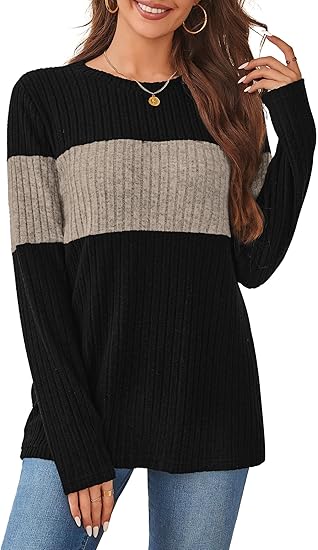 #SF041 Color Block 10 Gauge Ribbed Knit Polyester Blend Crew Neck Pullover for Women