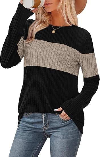 #SF041 Color Block 10 Gauge Ribbed Knit Polyester Blend Crew Neck Pullover for Women