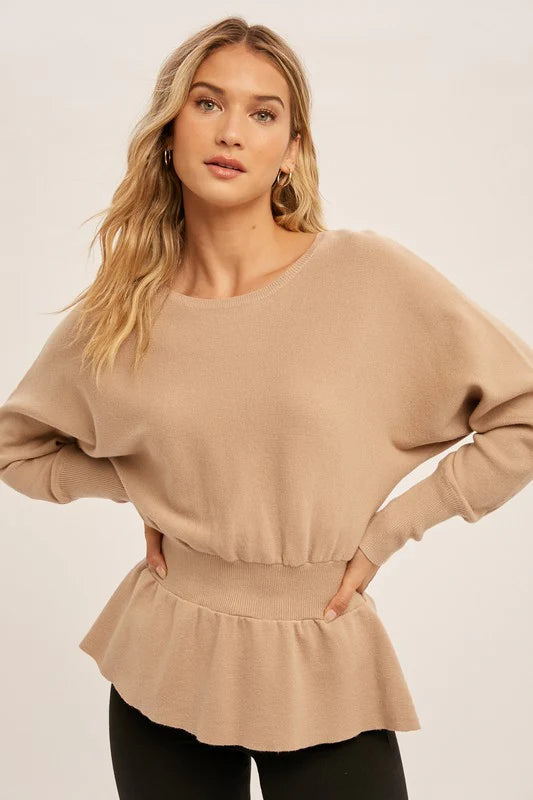 Women's Elegant Knit Peplum Sweater & Midi Skirt 2 Piece Outfit Set, Beige, Medium