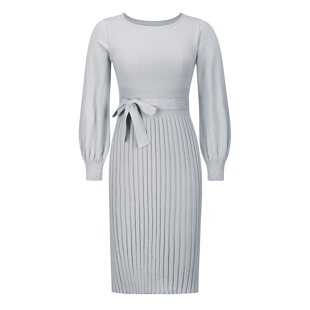 #SF039 Belted 12 Gauge Ribbed Knit Polyester Blend Crew Neck Sweater Dress