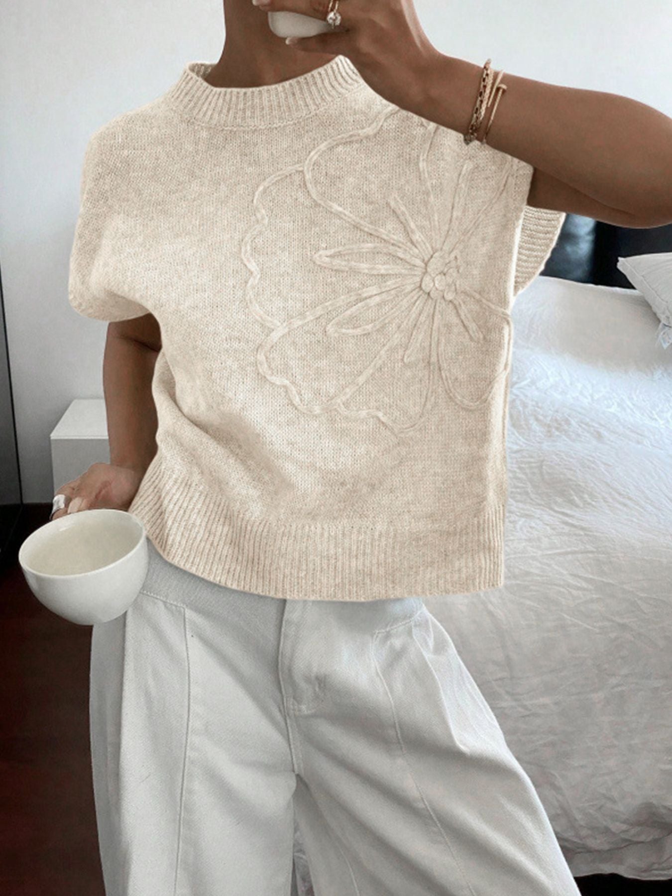 Women's  Sleeveless Sweater Vest with 3D Floral Design