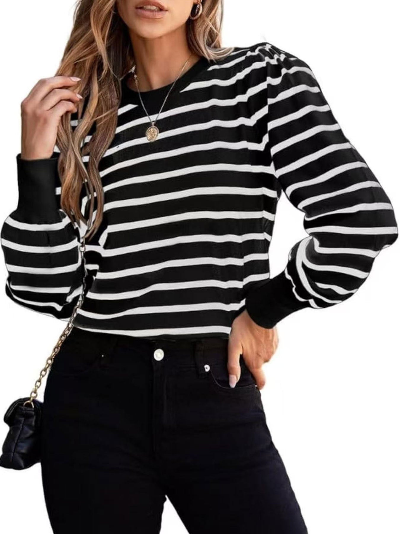 Women's Striped Sweaters Puff Long Sleeve Crewneck Ribbed Knit Pullover Jumper Tops