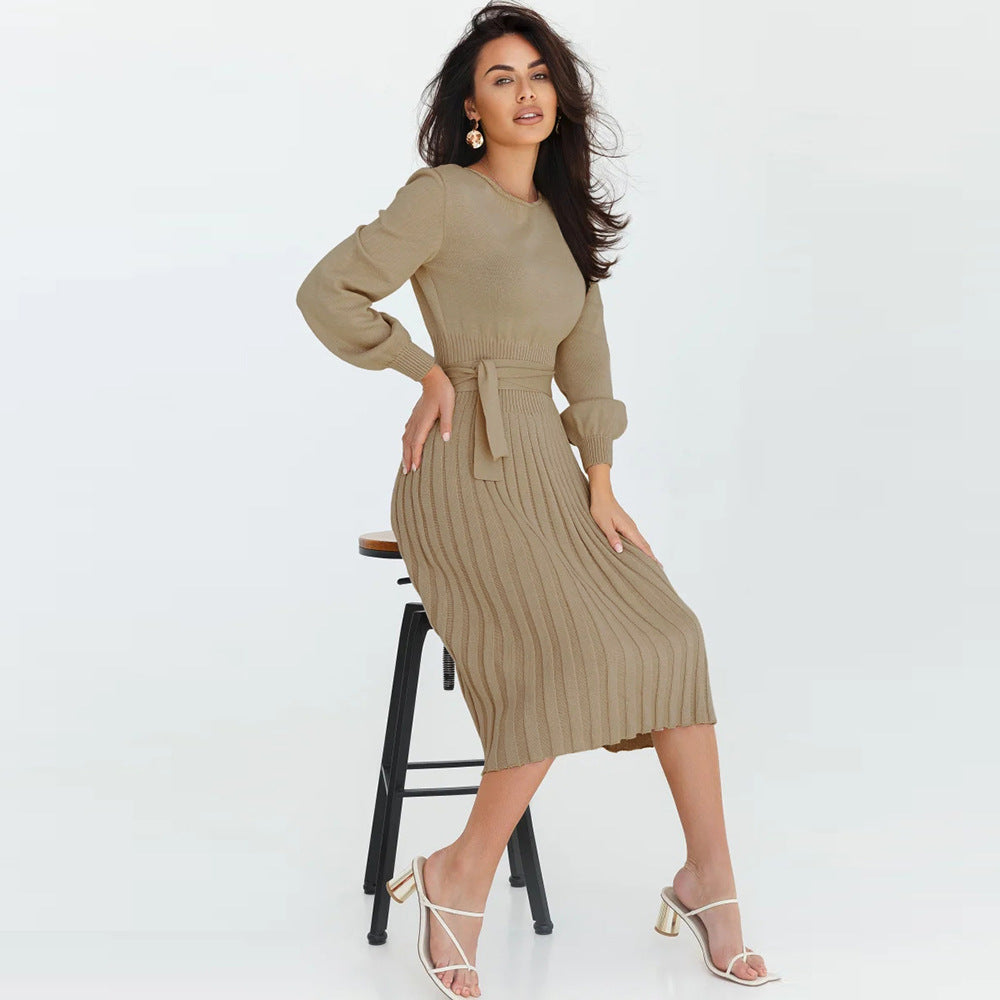 #SF039 Belted 12 Gauge Ribbed Knit Polyester Blend Crew Neck Sweater Dress