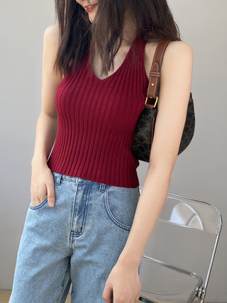 #SF017 Sleeveless 15 Gauge Ribbed Knit Cotton V-neck Tank Top for Women