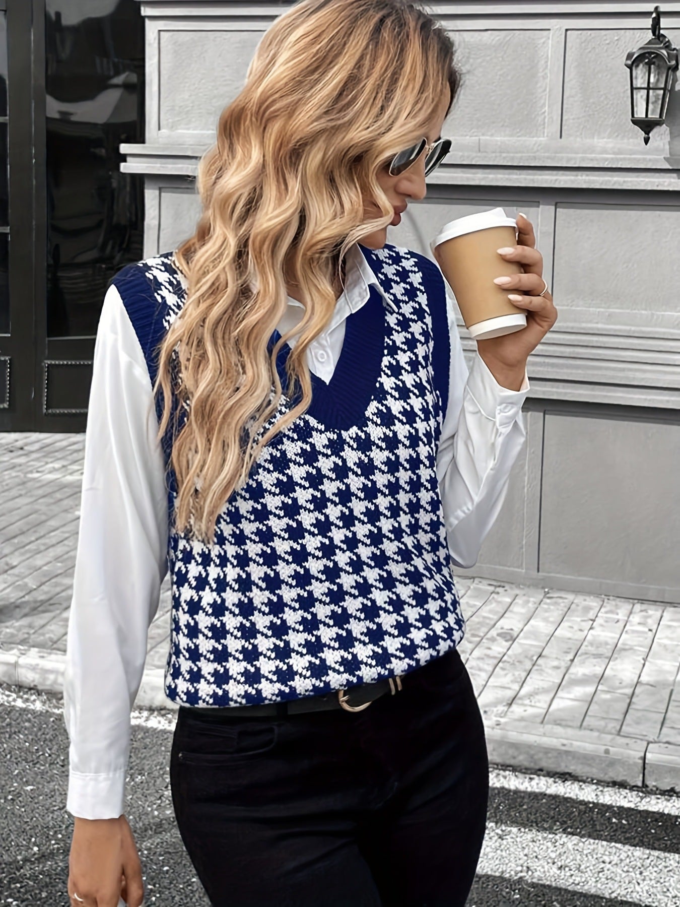 Greensen Houndstooth Knit Vest V Neck Colorblock Sleeveless Knit Vest Waistcoat Sleeveless Sweater Tank Top for Women