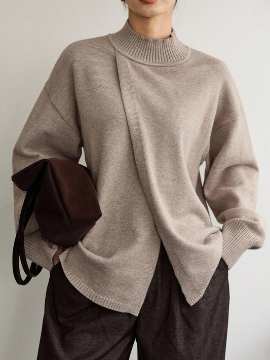Women’s Oversized Mock Neck Knit Sweater – Soft Lightweight Pullover Top with Asymmetric Front Detail, Long Sleeves, Casual Loose Fit