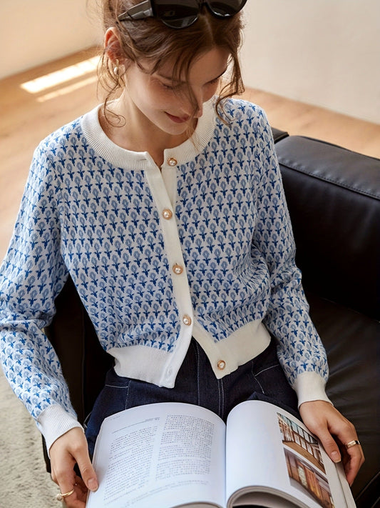 #SF015 Cropped 21 Gauge Jacquard Polyester Crew Neck Cardigan for Women