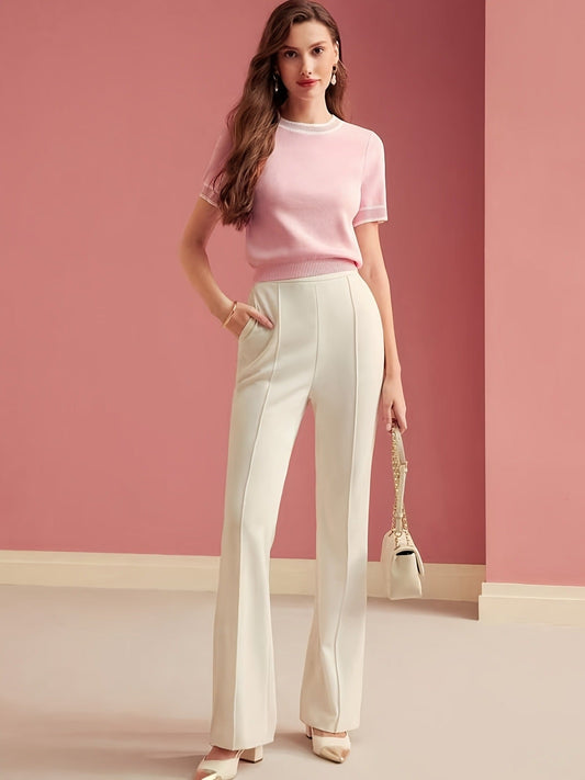 #SF024 Short-sleeved 13 Gauge Ribbed Knit Cotton Blend Crew Neck Pullover for Women