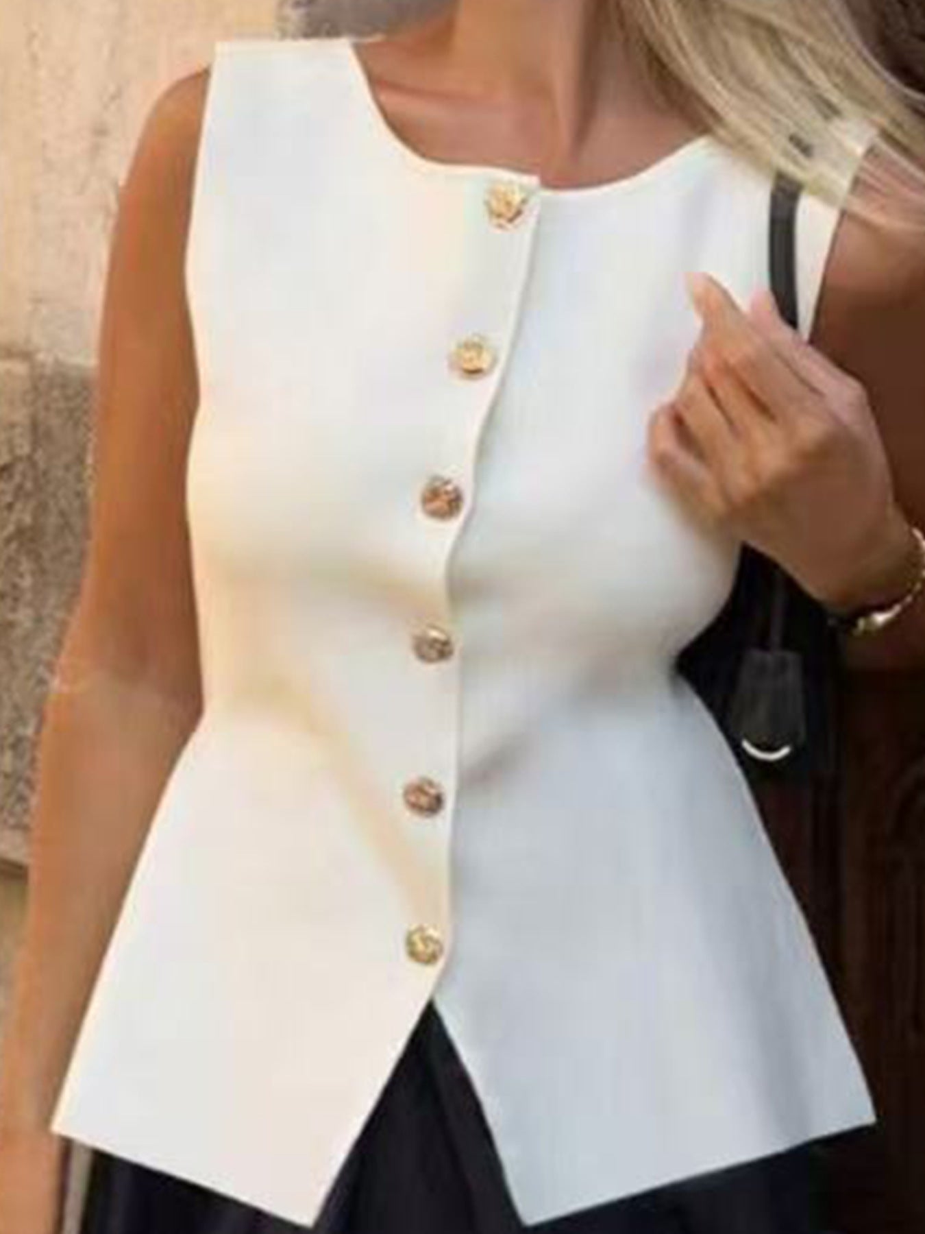 Women's Sleeveless Peplum Top with Gold Buttons