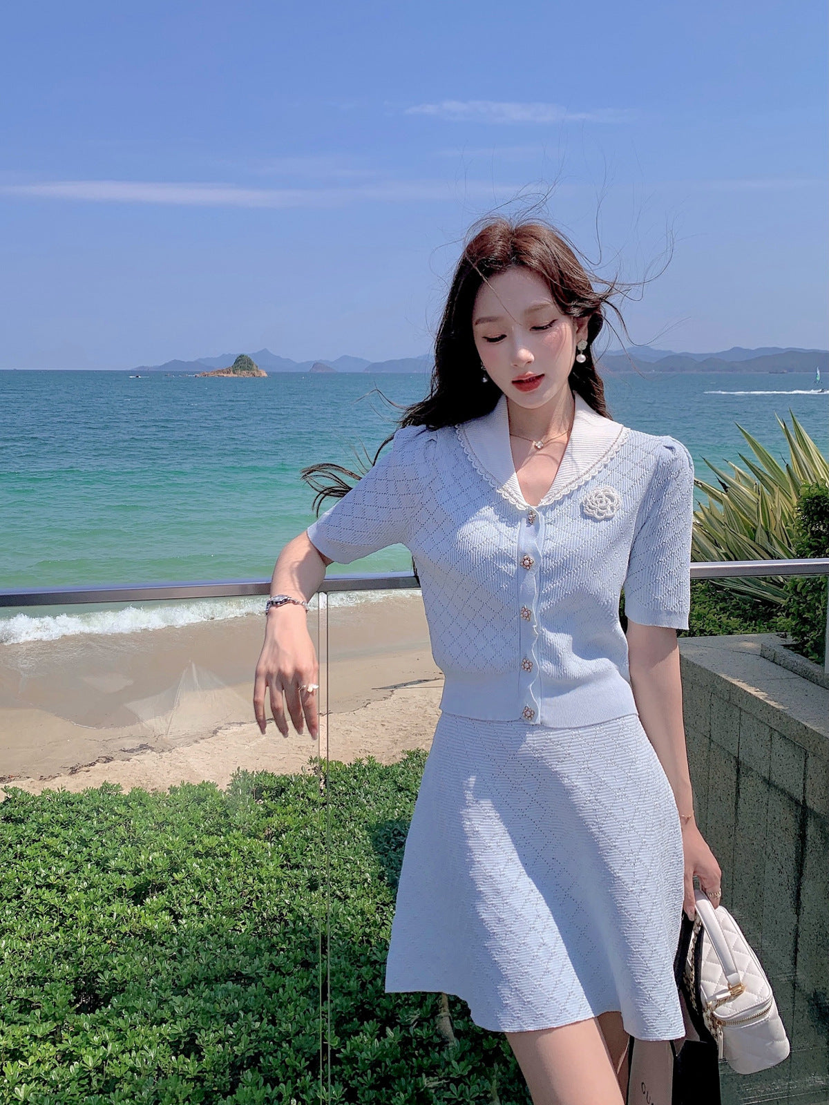 #SF020 2-Piece Set 15 Gauge Jacquard Knit Cotton Blend V-neck Sweater for Women