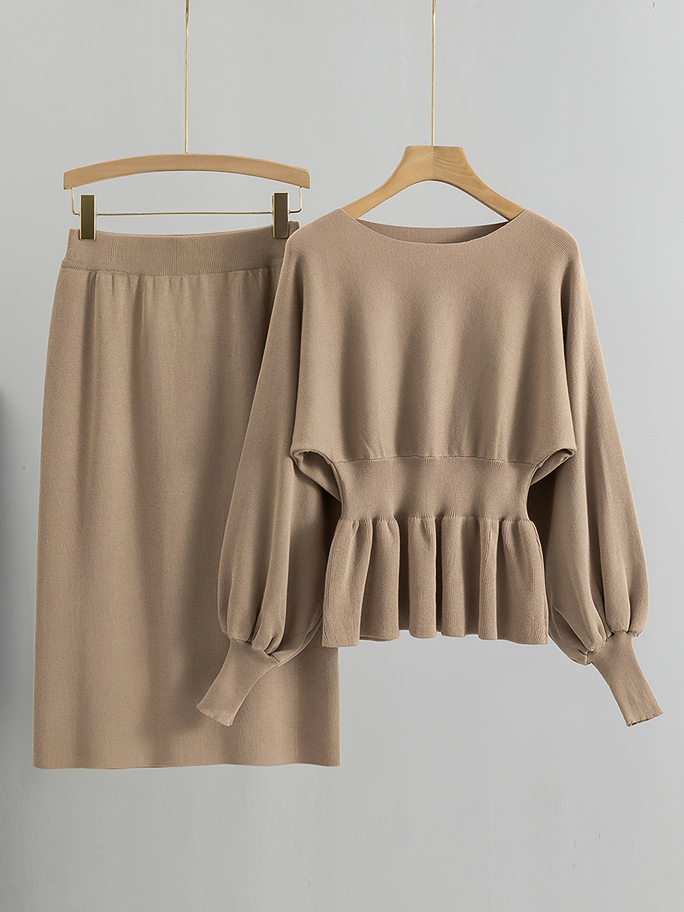 Women's Elegant Knit Peplum Sweater & Midi Skirt 2 Piece Outfit Set, Beige, Medium