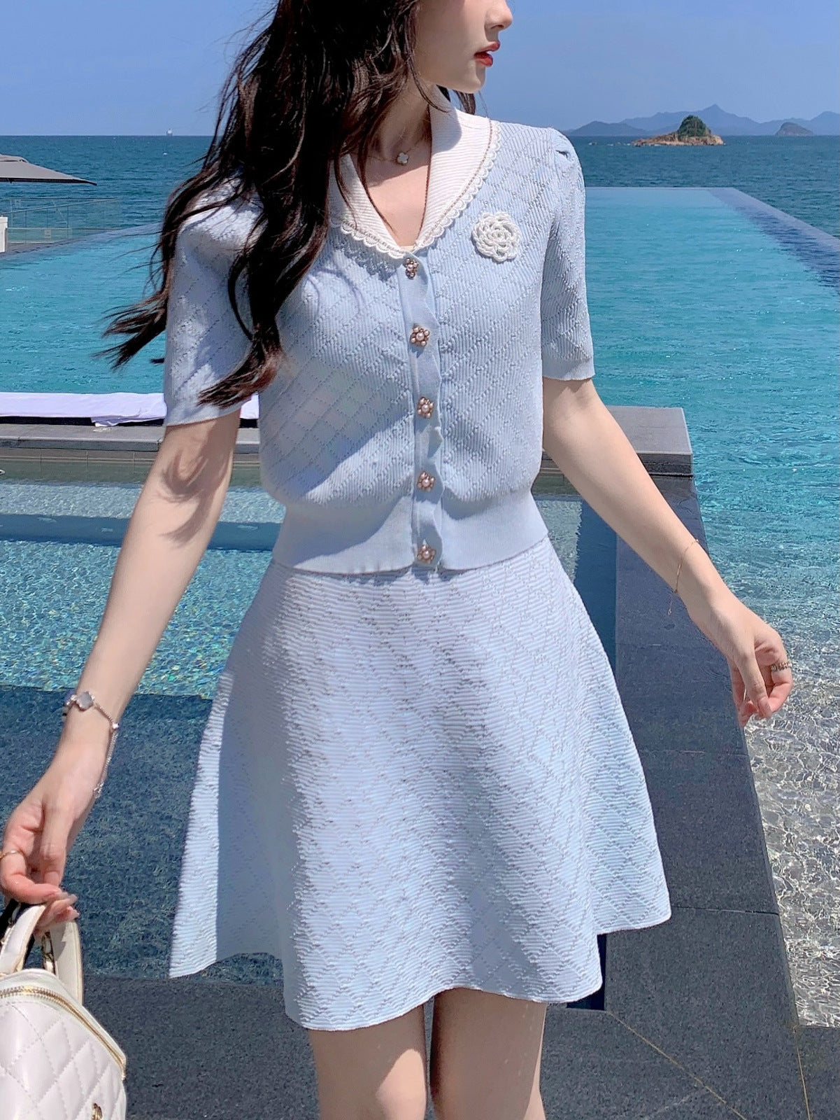 Women's Two-Piece Knit Skirt Set, Short Sleeve Cardigan Top and High Waisted Mini Skirt with Lace Collar