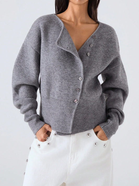 Women's Chic Grey Asymmetric Button-Up Cropped Cardigan Sweater - Wool Blend, V-Neck, Statement Buttons