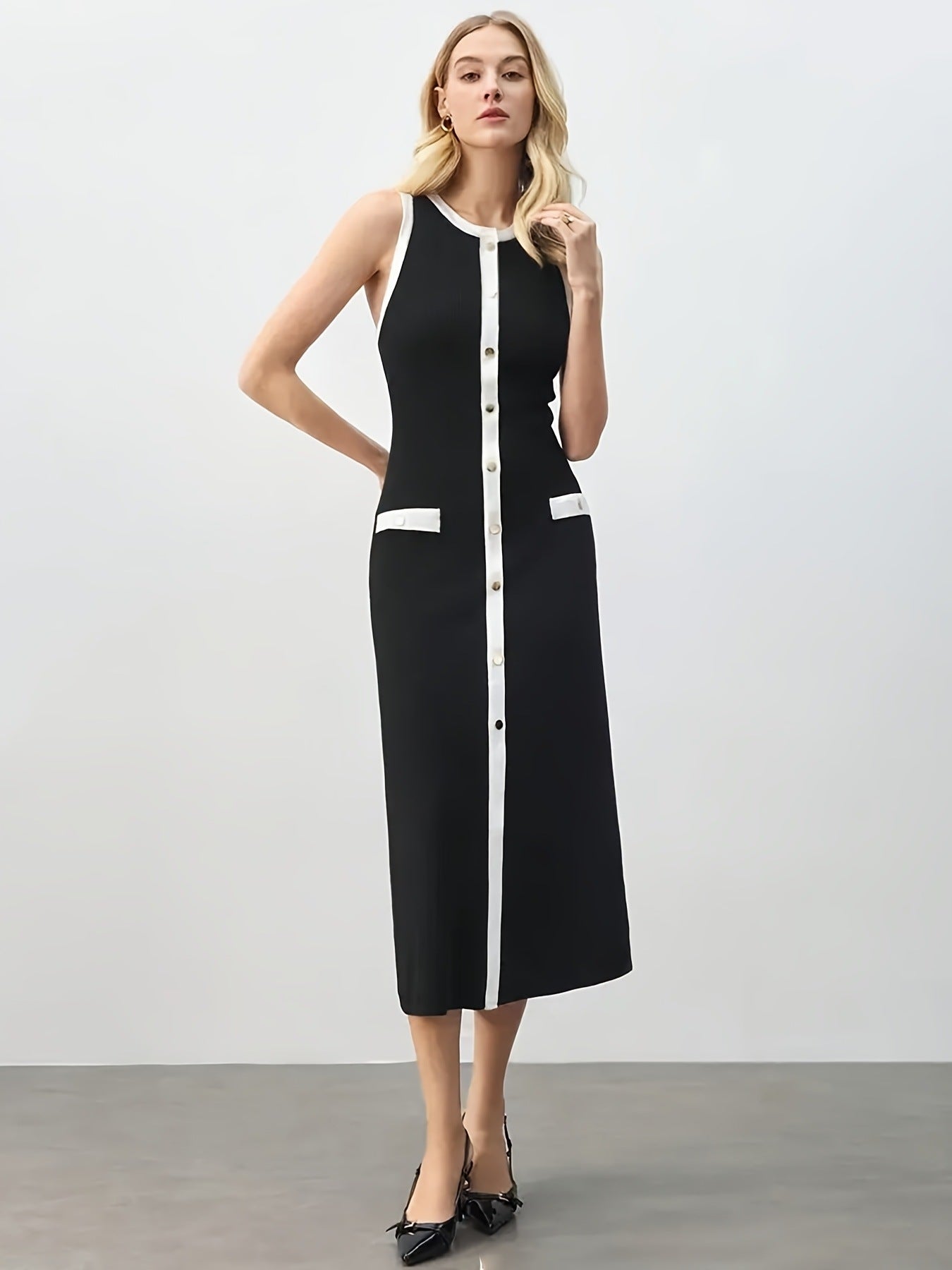 Knit Ribbed Cardigan Maxi Dress Female High Waist Slim Pocket Sleeveless Elegant Party Dress Women's Knitwear Long Dress