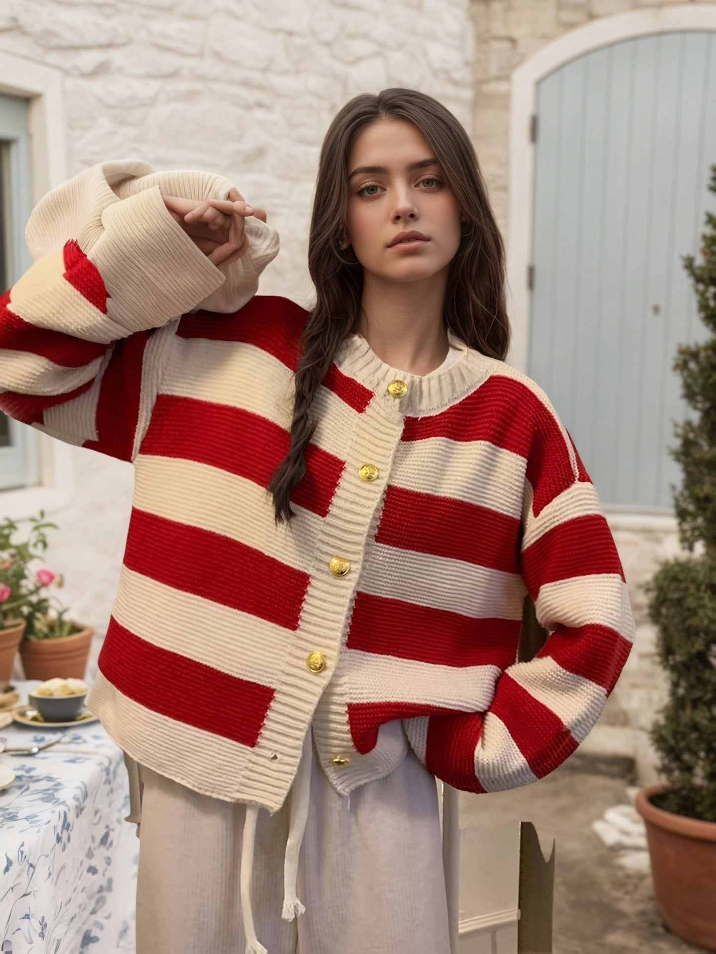 Women's Striped Knitted Cardigan Sweater Crewneck Long Sleeve Loose Buttons