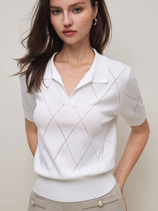 Women'S Elegant Casual Cardigan - Versatile Short Sleeve Pullover with Lace Trim, Versatile Knitwear, Polo Collar Design