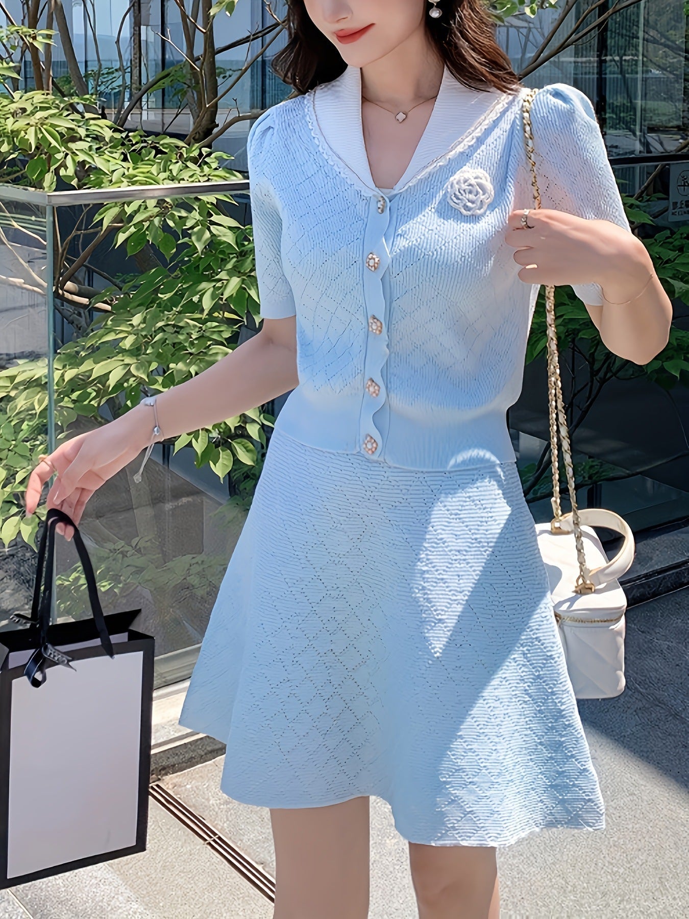 #SF020 2-Piece Set 15 Gauge Jacquard Knit Cotton Blend V-neck Sweater for Women