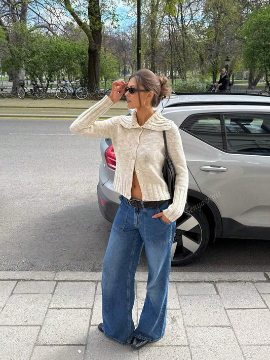 Women's Cropped Collared Knit Cardigan – Chic Button-Up Sweater Top