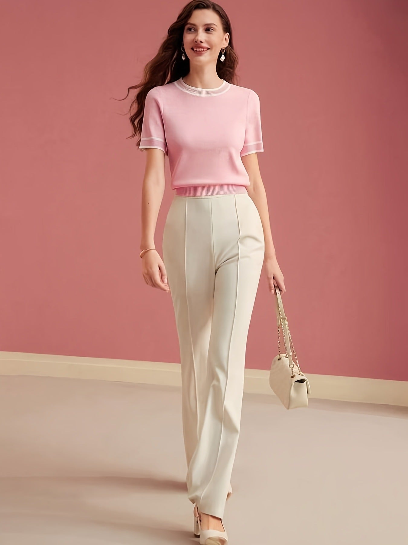 Pink Crewneck Half Shirt Pullover for Women