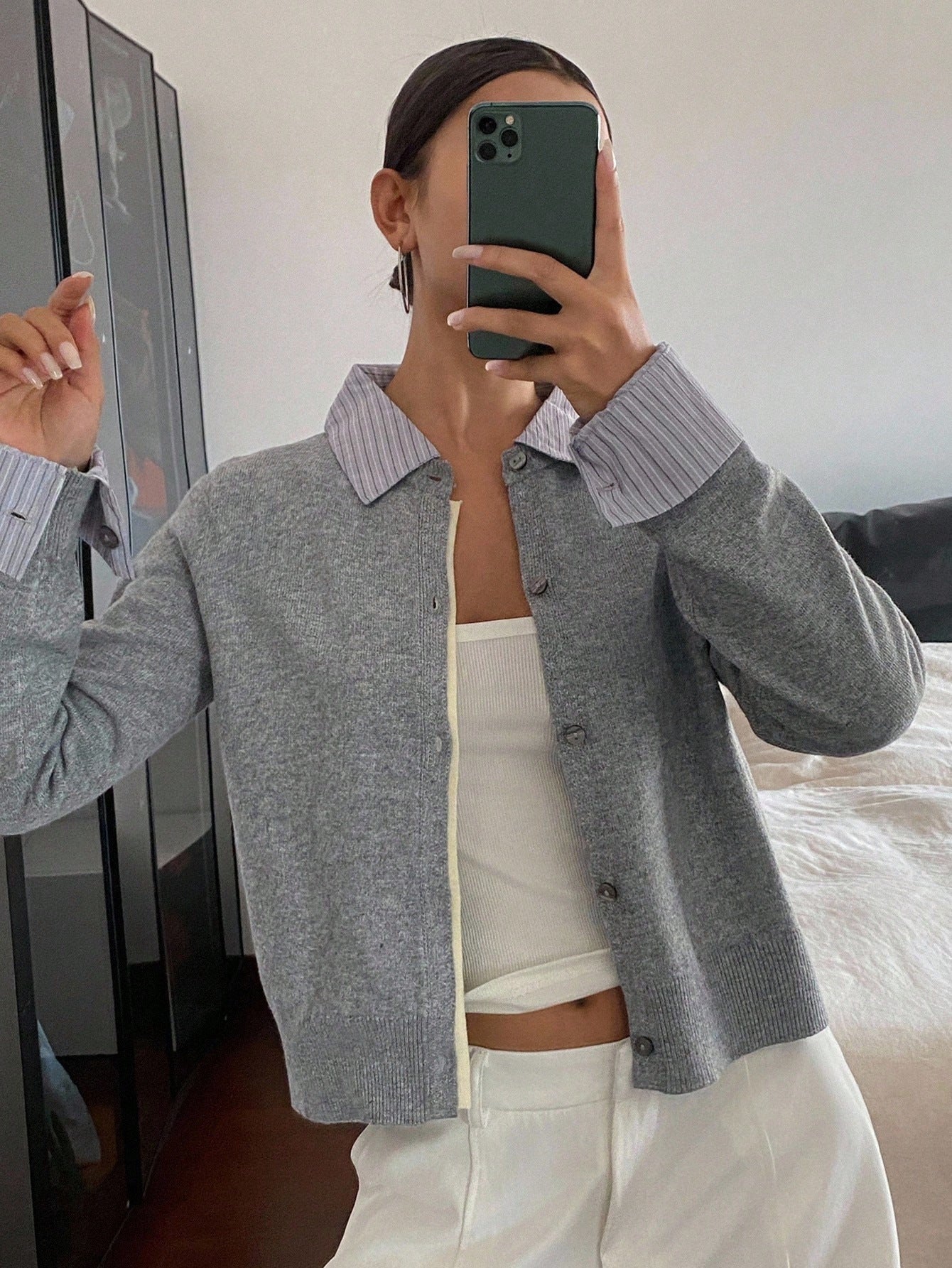 #SF013 2 in 1 12 Gauge Jersey Knit Wool Blend Collar Neck Cardigan for Women