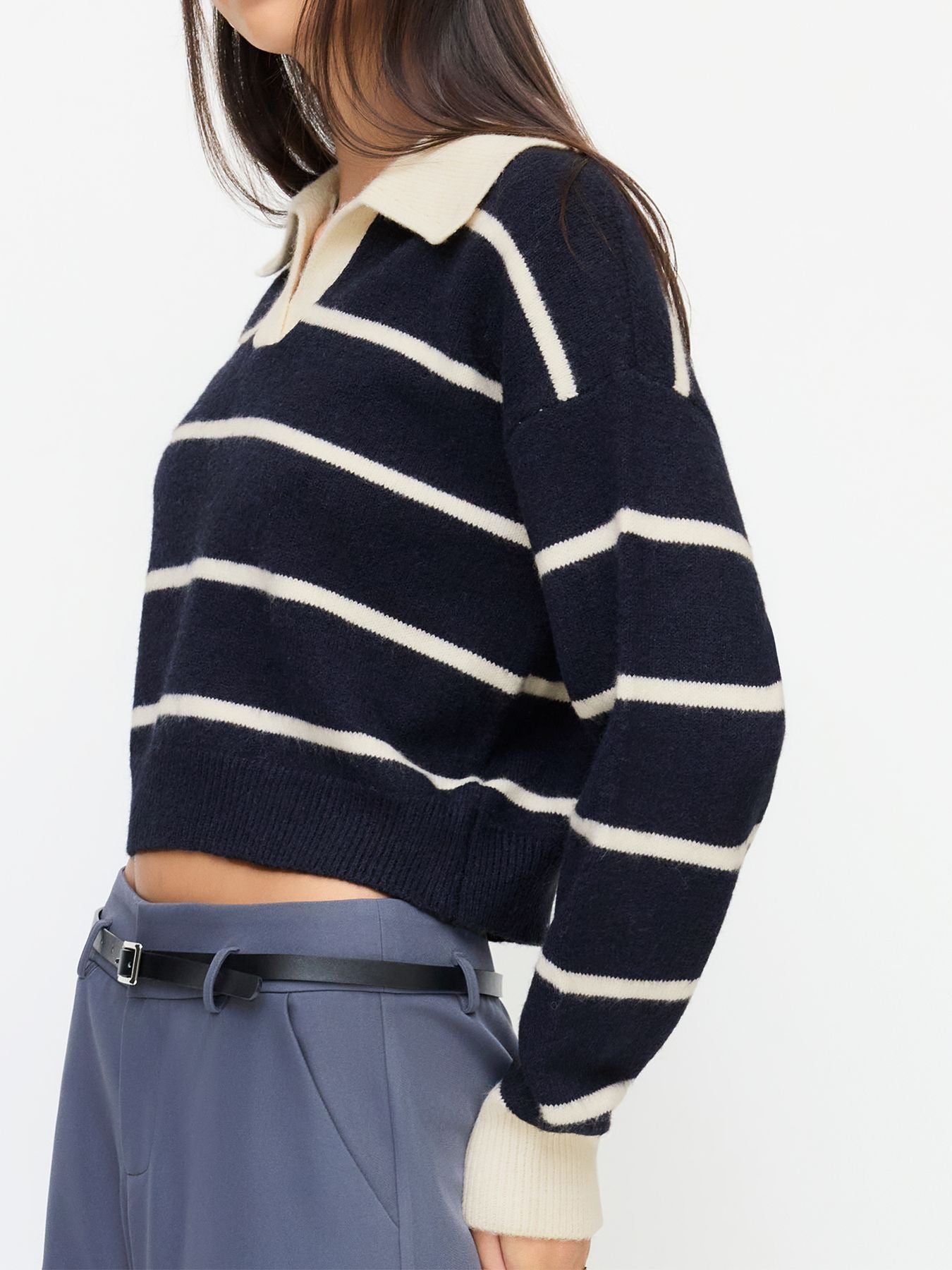 #SF007 Cropped 12 Gauge Jacquard Merino Wool Polo Sweater for Women