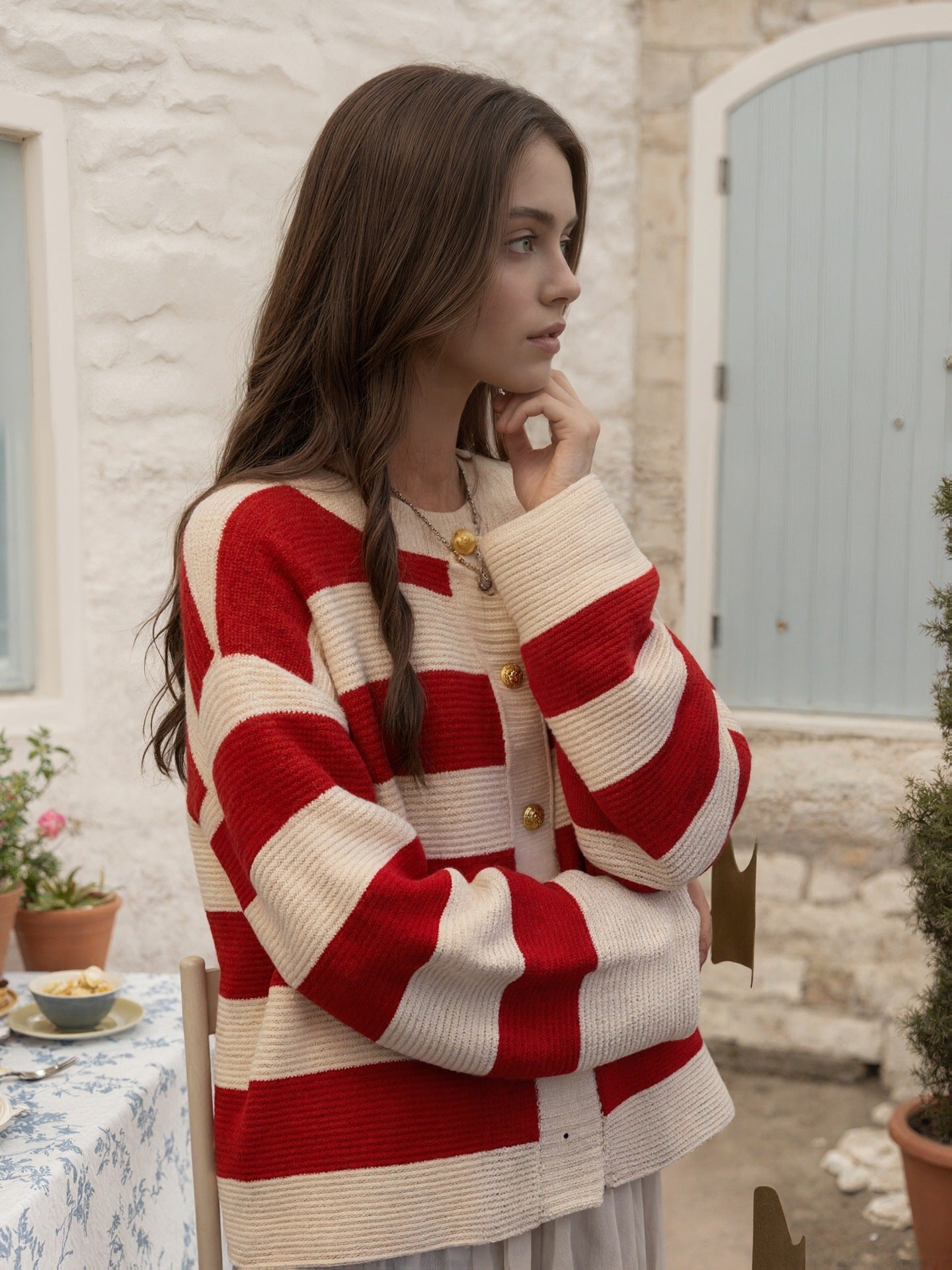 Women's Striped Knitted Cardigan Sweater Crewneck Long Sleeve Loose Buttons