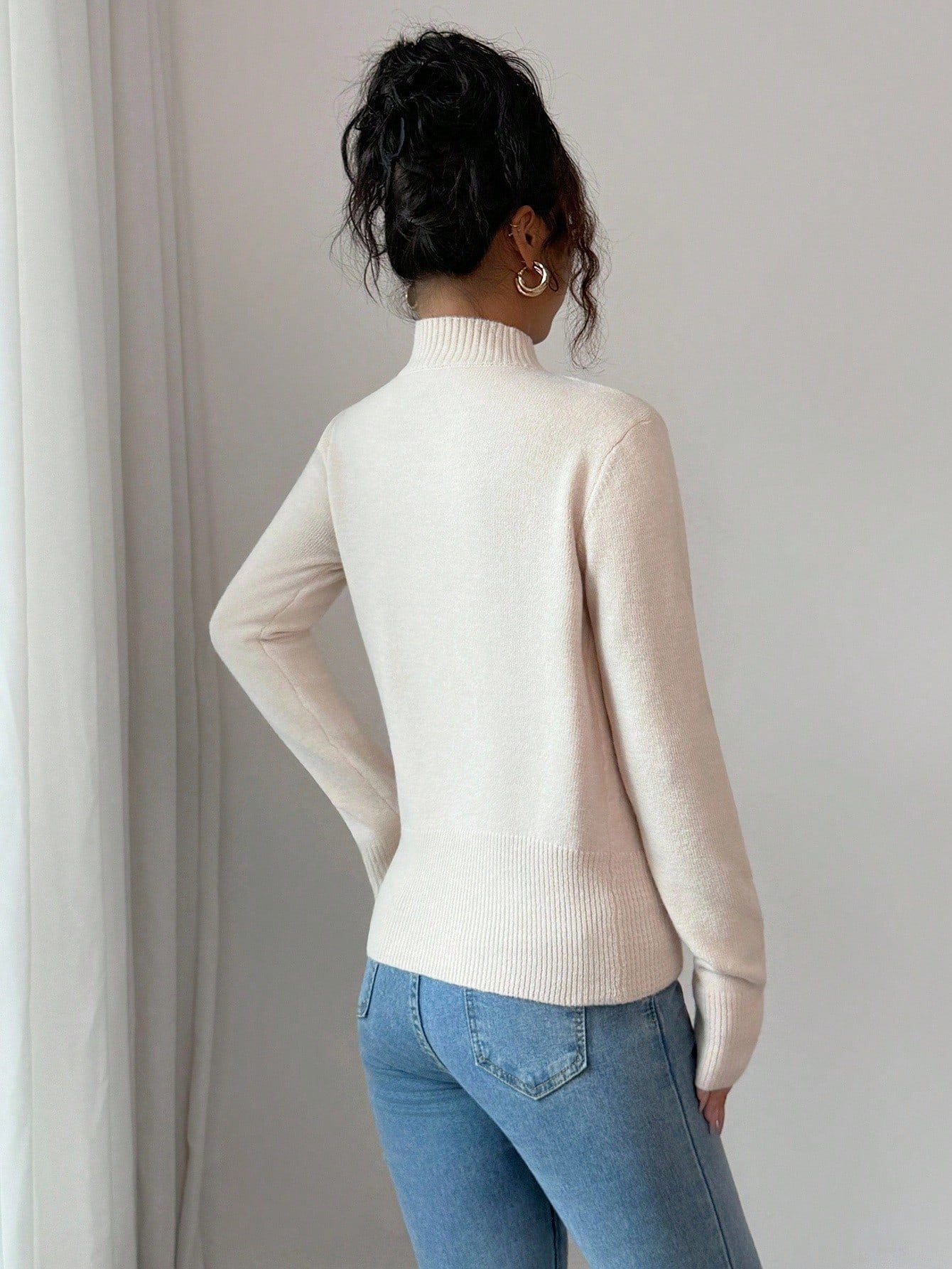 #SF011 Asymmetric 8 Gauge Ribbed Knit Cotton Blend Mock Neck Pullover for Women