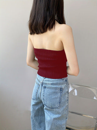 Red Ribbed Knit Halter Crop Top & High-Slit Denim Maxi Skirt