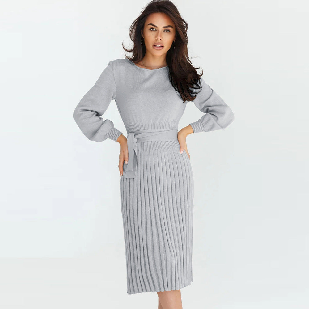 #SF039 Belted 12 Gauge Ribbed Knit Polyester Blend Crew Neck Sweater Dress