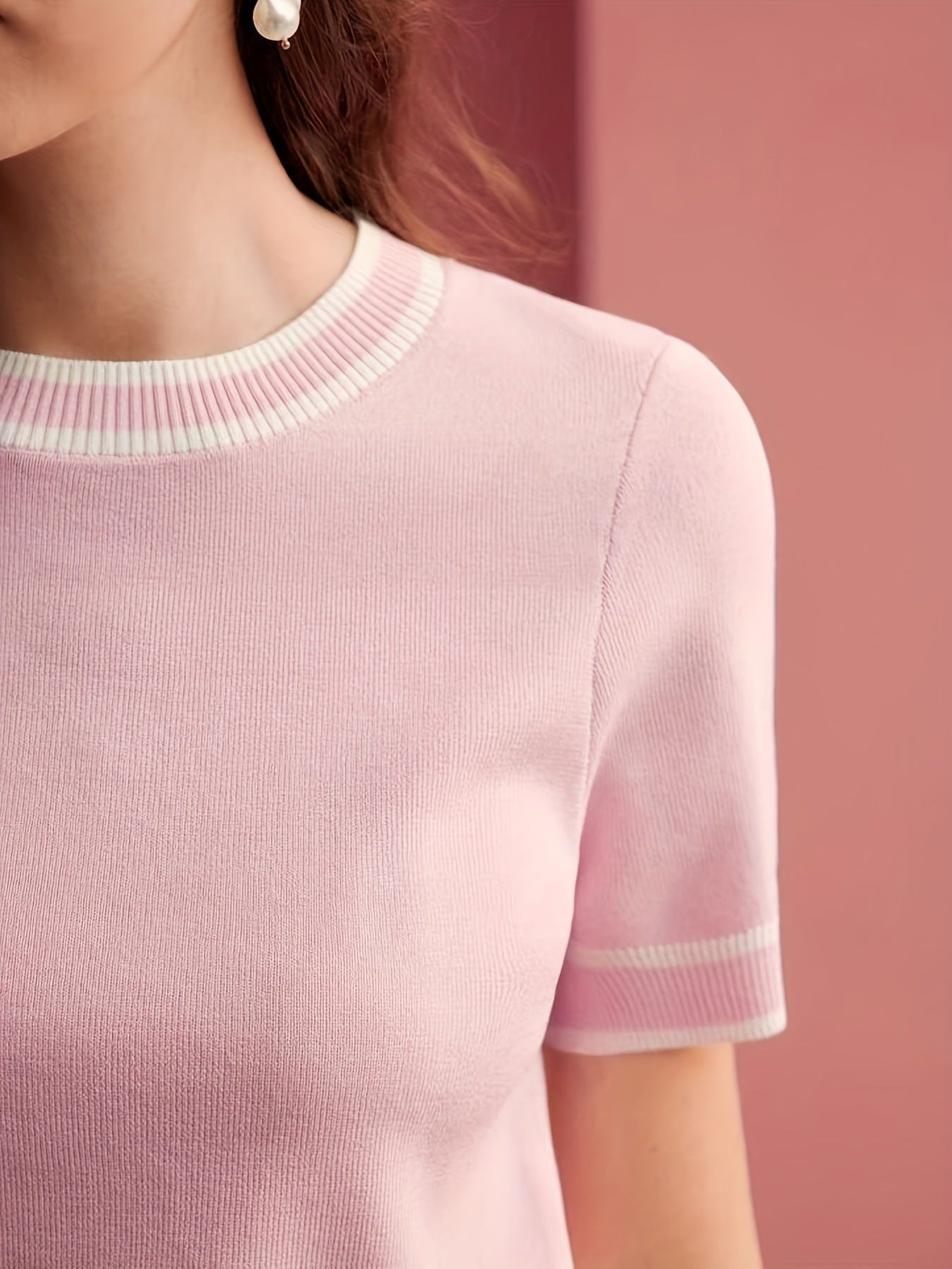 #SF024 Short-sleeved 13 Gauge Ribbed Knit Cotton Blend Crew Neck Pullover for Women