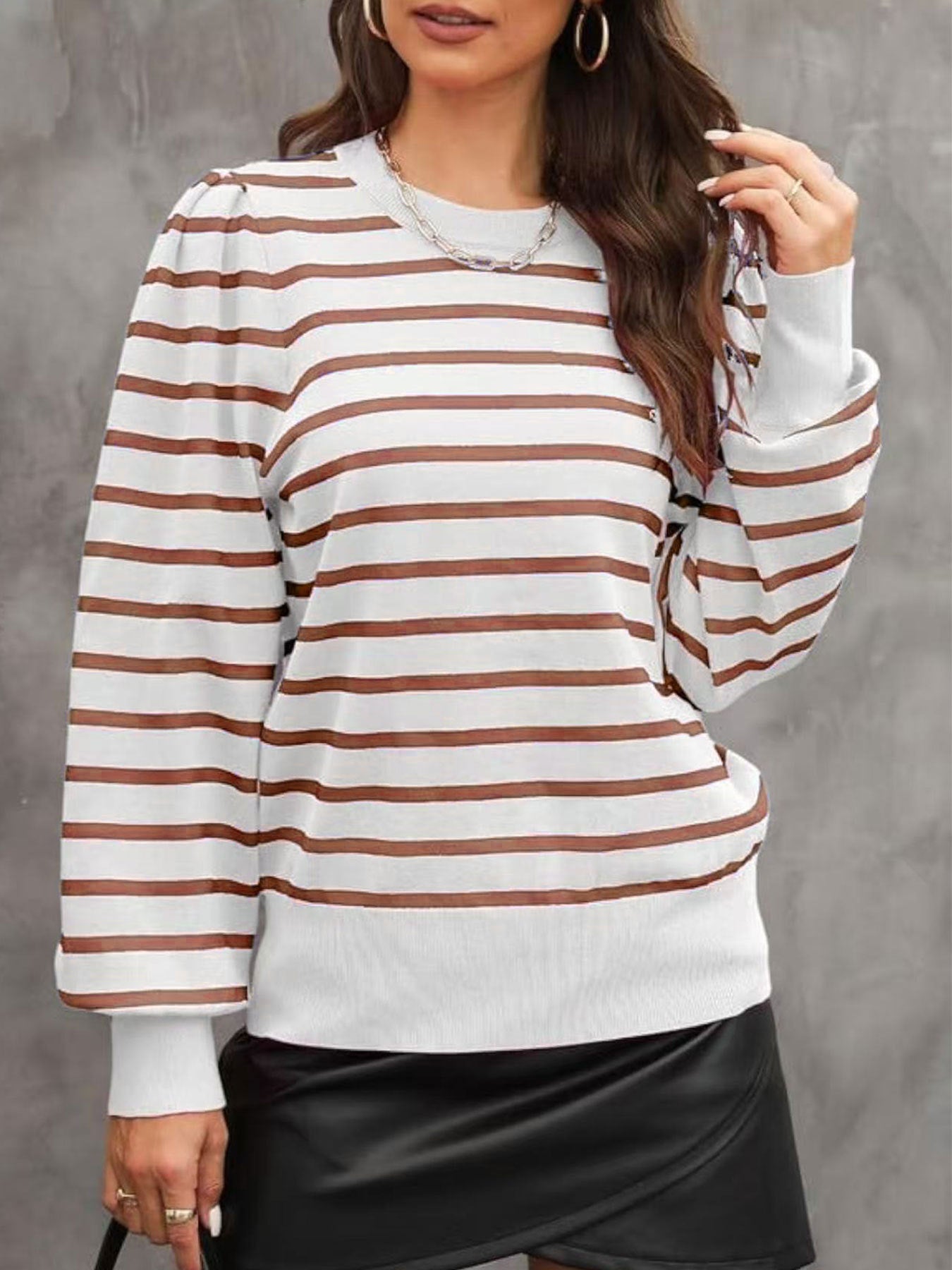 Women's Striped Sweaters Puff Long Sleeve Crewneck Ribbed Knit Pullover Jumper Tops