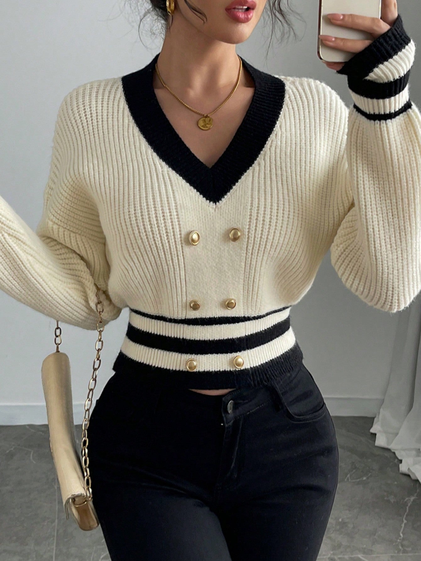 #SF012 Cropped 7 Gauge Ribbed Knit V-neck Polyester Pullover for Woman