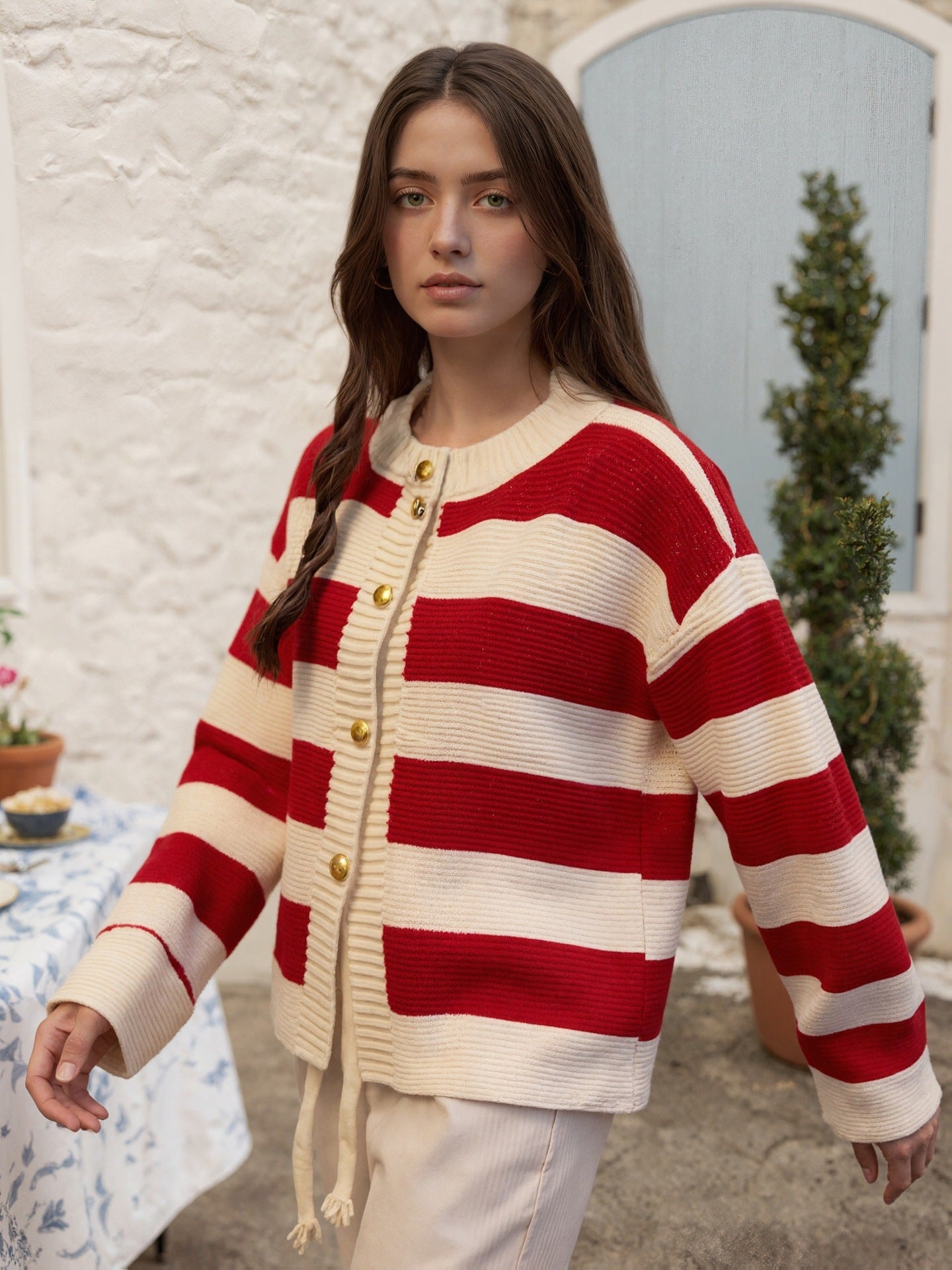 Women's Striped Knitted Cardigan Sweater Crewneck Long Sleeve Loose Buttons