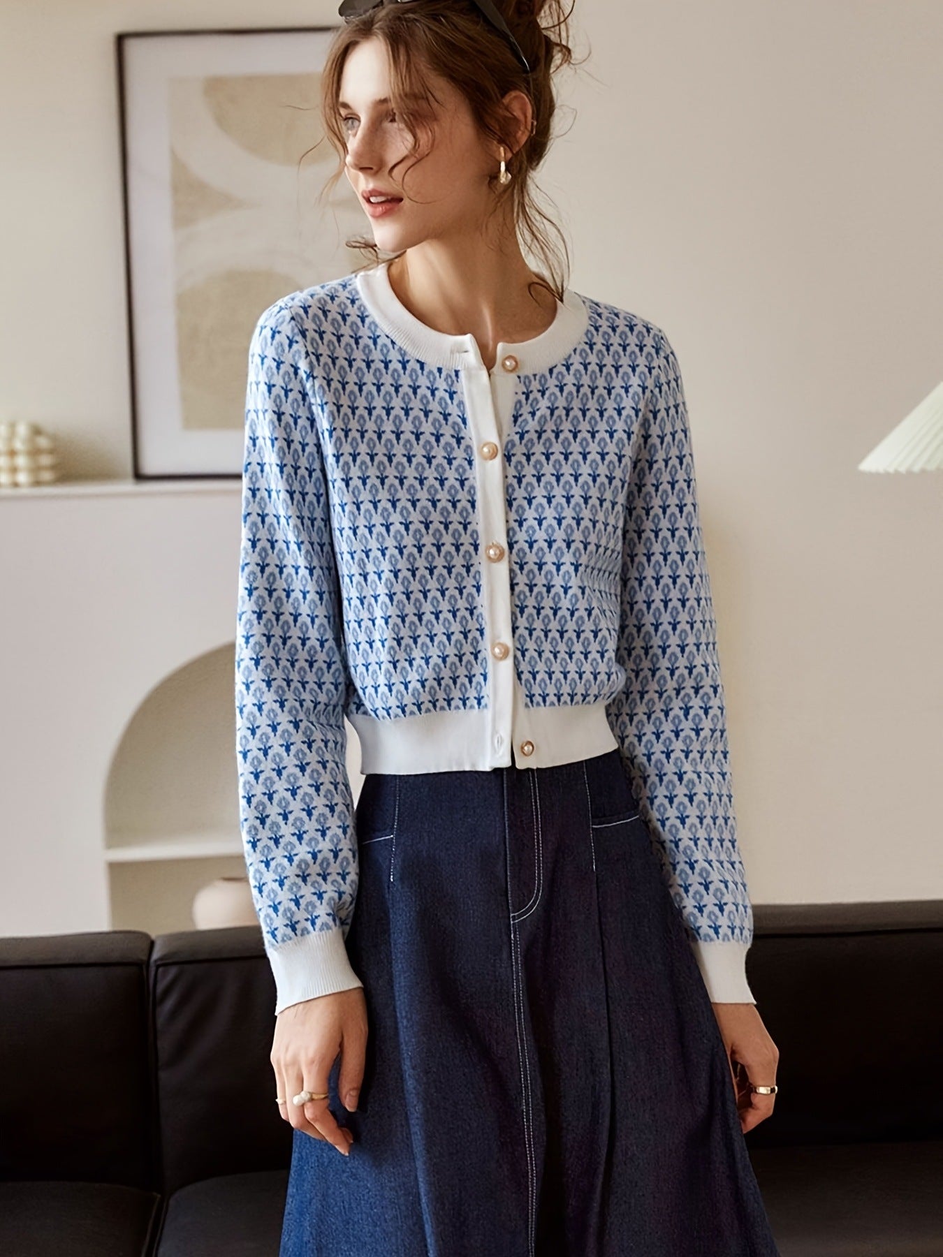 Women's Cropped Patterned Knit Cardigan Sweater with Pearl Buttons