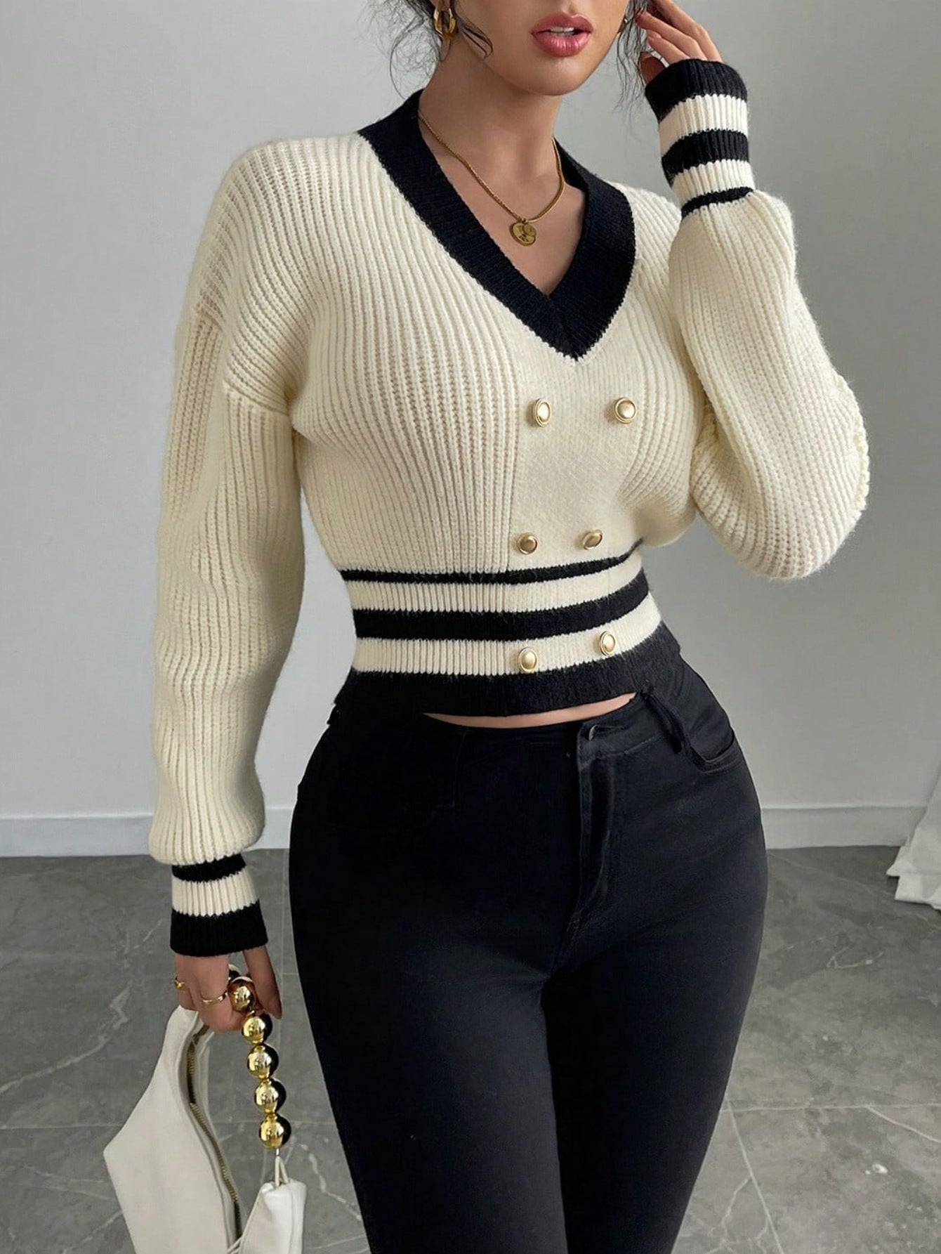 #SF012 Cropped 7 Gauge Ribbed Knit V-neck Polyester Pullover for Woman