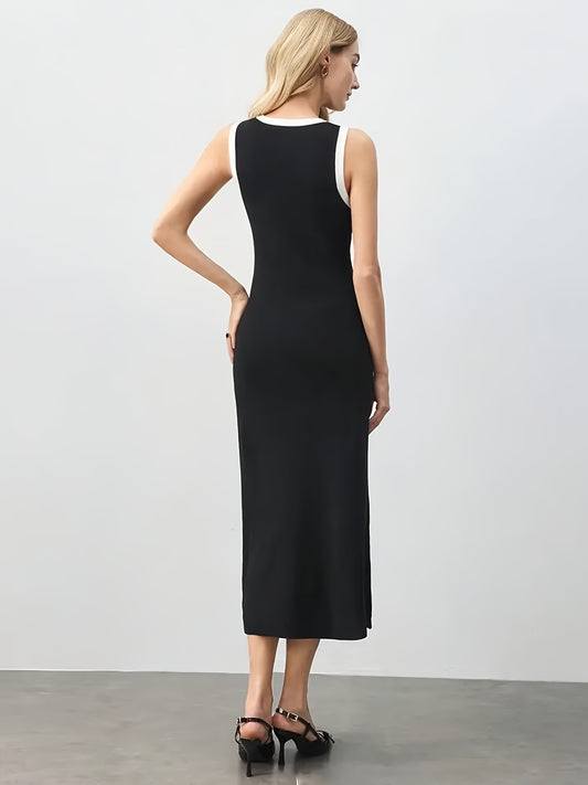 Knit Ribbed Cardigan Maxi Dress Female High Waist Slim Pocket Sleeveless Elegant Party Dress Women's Knitwear Long Dress