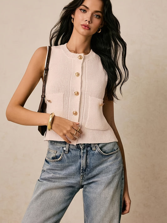 Women's Elegant Solid Color Button Front Pocket Vest