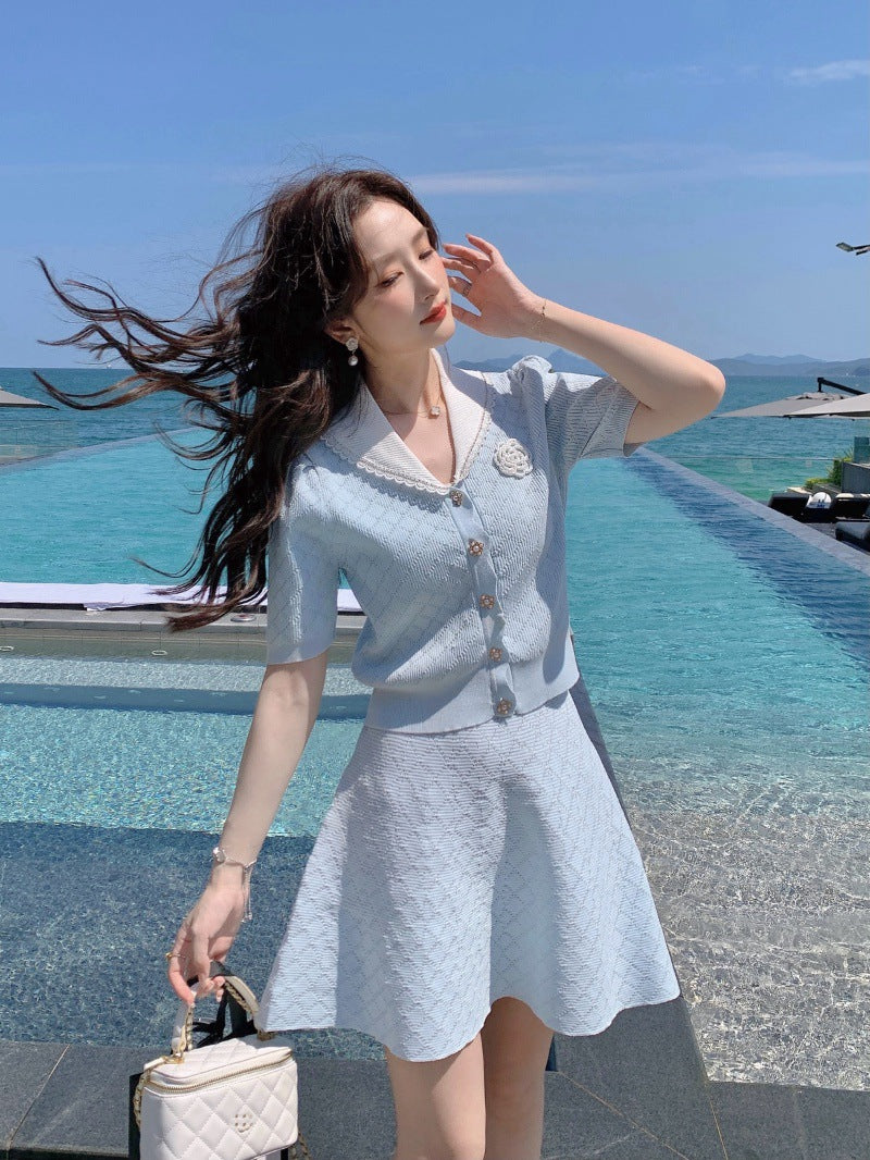 Women's Two-Piece Knit Skirt Set, Short Sleeve Cardigan Top and High Waisted Mini Skirt with Lace Collar